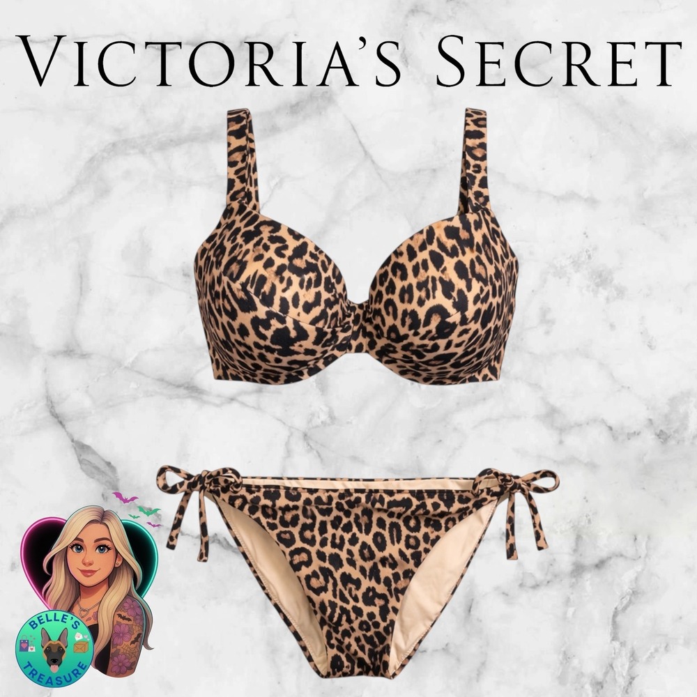 Victorias Secret Leopard Bikini 36DD Bombshell Perfect Push Up L Tie Side Bottom